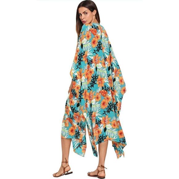 Women's Flowy Kimono Cardigan Open Front Maxi Dress Turquoise S-XX-Large - Picture 2 of 7
